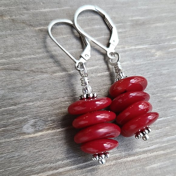 Red Coral Earrings Sterling Silver Leverback Hooks - Picture 6 of 11